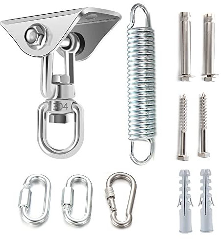 Deckenhaken Hängesessel Schwingfeder 450KG 360°Drehen Schwerlast Deckenhalterung Edelstahl Boxsack Halterung Schaukelhaken Aufhängung Haken mit 3 Karabinerhaken für Hängesessel Boxsack Yogatuch