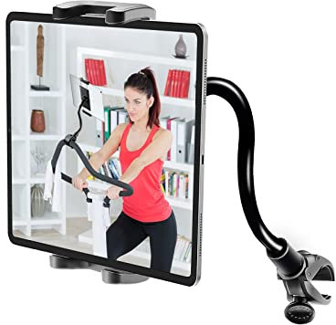 Kolasels Spin Bike Tablet iPad Holder - Long Arm Gooseneck Tablet Mount Clamp for Indoor Bike Peloton, Treadmill, Wheelchair, Stroller, Exercise Bicycle Clamp for iPad Pro/Air/Mini, 4-13 Tablet Phone