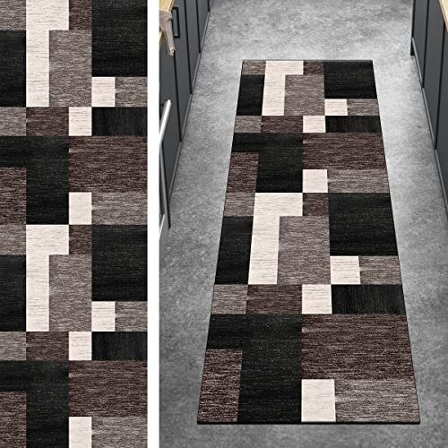 Ymural Teppichmatten Teppich Läufer Flur Lang Patchwork 120x350CM Schwarz Braun Kücheläufer rutschfest Meterware Teppichläufer Waschbar Kurzflor Polyester Korridor, Breite 40-120cm