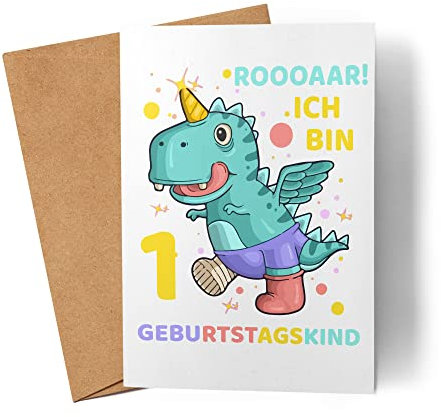 Geburtstagskarte 1 Jahr Junge Dinosaurier Dino T-Rex 1. Geburtstag Karte für Jungs