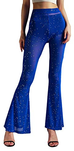 Anlaey Damen Rave Mesh Durchsichtige glitzernde Hose Pailletten Ausgestellte Glocke Unterhose Sexy Rave Outfits für Festival Tanz Clubwear, A-blau, S