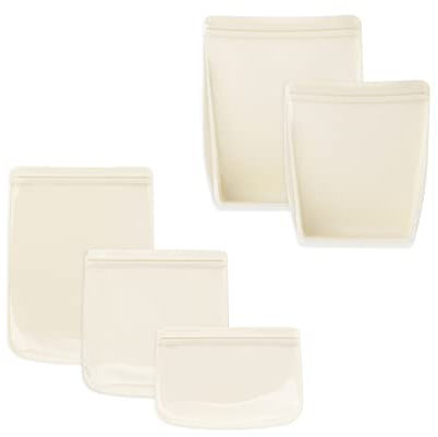 W&P Porter Silicone Reusable Storage Bags, Variety 5 Pack (10oz, 34oz, 46oz, 36oz, 50oz), Cream, Food Storage Container, Microwave and Dishwasher Safe, Easy Cleaning