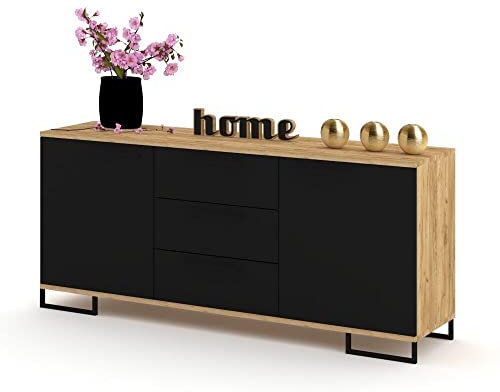Euro Style Kommode mit Schubladen und 2 Türen Schrank Sideboard Tv Schrank für Wohnzimmer/Schlafzimmer Schubladenkommode 150x68,5x40 cm, Golden Eiche/Schwarz Matt