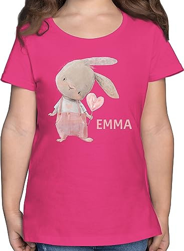 T-Shirt - Süßer Hase Mädchen mit Name personalisiert I Häschen I Rabbit I Langohr I Süße Hasen - 104 (3/4 Jahre) - Fuchsia - Kinder Oster Tshirt Oster-Tshirt hasenmotiv Emma Shirt