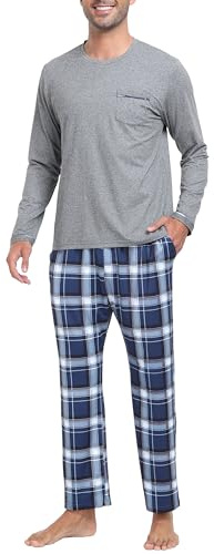 MoFiz Ensembles de Pyjama Homme Hiver Doux Chaud Vêtements De Nuit Décontractés Manche Longue Hauts de Pyjama et à Carreaux Pantalon de Pyjama avec Poches