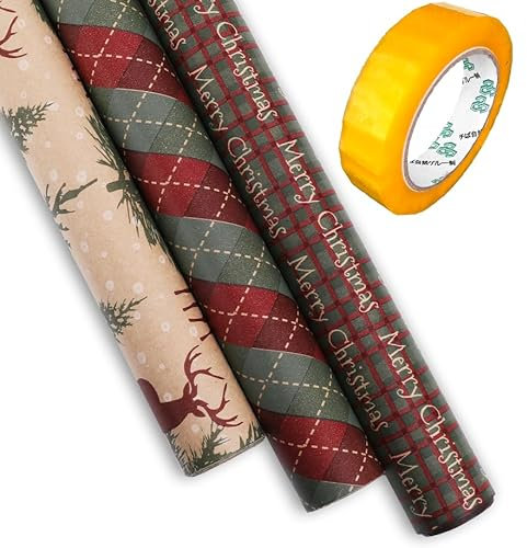 KC SHOP GERMANY, GESCHENKPAPIER 2.0 3x ROLLE KRAFTPAPIER rot grün beige 70x305cm, 80g/qm, Weihnachten, Heiligabend, xmas, christmas, modern, schick, hübsch, hochwertig (Mix + Kleberolle)