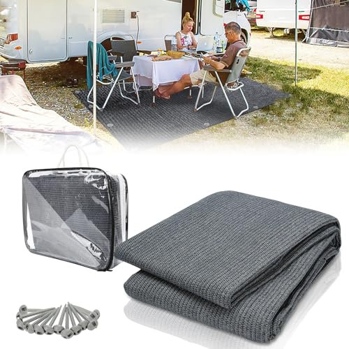 Sonnewelt Vorzeltteppich Markisenteppich 250x350cm, Hochwertiger Camping Teppich, Atmungsaktiv rutschfest Zeltteppich bläulich-grau, Outdoor Campingmatte mit 12 Löchern, 13 Heringe und Tragetasche
