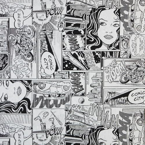 Kt KILOtela - Polsterstoff, Jacquard Gobelin, Stuhlbezug, Kissen, Kopfteil, Sofa, Taschen, verschleißfest, Breite 280 cm, Länge wählbar 50 in 50 cm, Comic, Weiß, Schwarz
