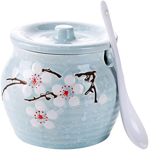 FimGlk Zuccheriera giapponese in ceramica, con coperchio e cucchiaio (blu)