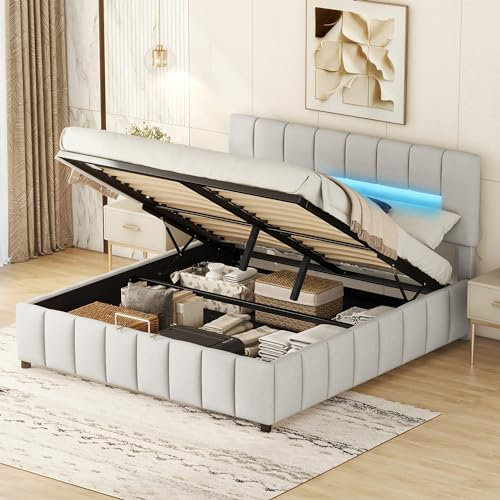 Polsterbett 180x200, Doppelbett mit Lattenrost und Stauraum, Hydraulisch Stauraumbett mit LED-Beleuchtung, Rückenlehne Bettgestell Jugendbett Funktionsbett Familienbett, ohne Matratze, Samt, Grau