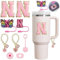9 piezas compatibles con accesorios de taza Stanley, cubiertas de pajita de letra inicial de mariposa y accesorios de dije de mariposa con cadenas para vasos de 20, 30 y 40 onzas con asa, 10 mm (N)