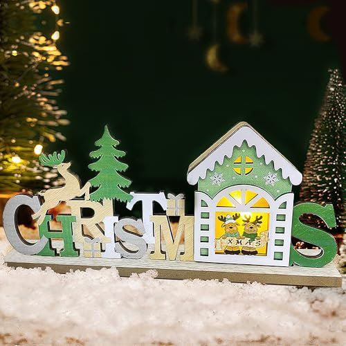 Weihnachtsdeko Tisch Beleuchtet, LED Deko aus Holz, Schriftzug Tischlampe Deko Weihnachten Innen, Weihnachtsbeleuchtung Fensterbank Tischdeko Holzhaus, Weihnachtsdorf Basteln für Weihnachts Winter (A)