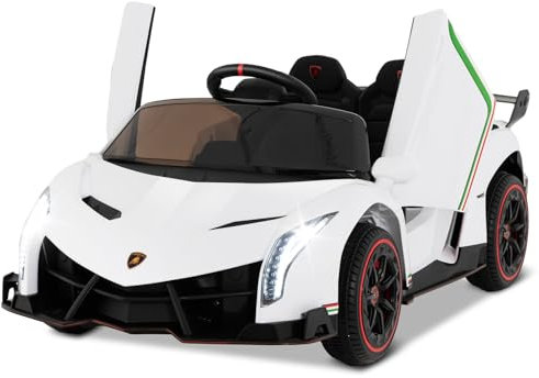 GYMAX Auto Elettrica Lamborghini, Macchina Giocattolo a Trazione Integrale con Telecomando, Luci LED, Funzione USB & MP3, Veicolo per Bambini 3-8 Anni, Velocità 3-6 KM/H (Bianco)