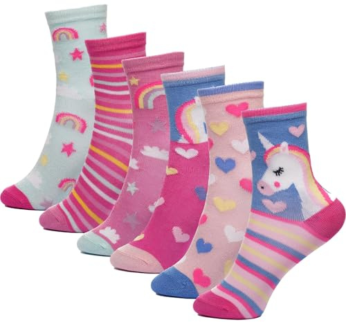 A2Z 4 Kids Girls 6 Pack Rainbow Striped Design Crew Socks Premium Rainbow Striped Themed Socks Durable Comfortable Young Kids Socks Shoe Size 2-3 (6-8.5), 3-6 (9-12), 7-10 (12.5-3.5)