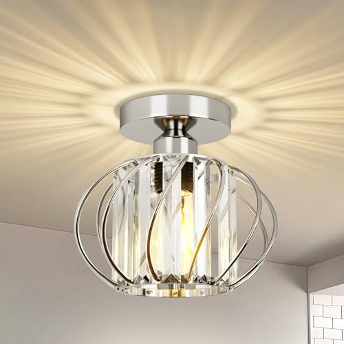 FRIDEKO HOME Deckenleuchte Schwarz Kristall Kronleuchter Ø19cm,Modern Deckenlampe Metal Rund Lampenschirm E27 Lampe Decke für Schlafzimmer Wohnzimmer Küche Flur (Chrom-Ø19cm)