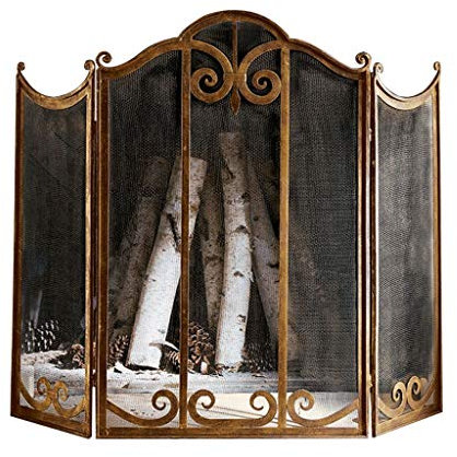 ZJFJMBD Gold Fireplace Screen 3-Panel Wrought Iron Metal Fire Place Standing Gate, Decorative Mesh, Solid Steel Spark Guard Cover