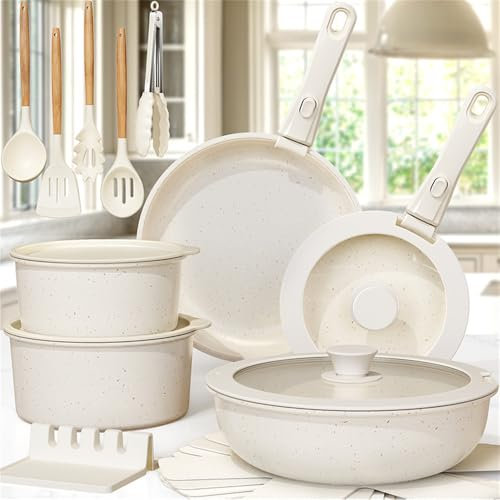 Ceramic Cookware Set 21 Piece Non Stick Pots and Pans Set with Sensor Handles Milky White