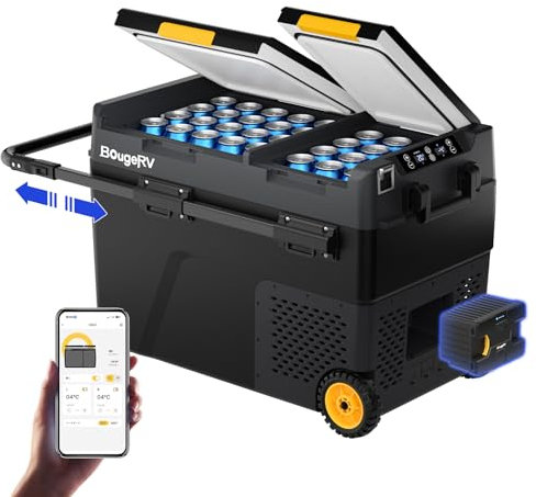 BougeRV CRD2 49L Glacière Portable avec Batterie de 173 Wh Double Porte Deux Zones avec Roues Congélateur Réfrigérateur à Compression 12/24V 220V pour Voiture Contrôle APP -20~20°C (Poignée Aluminium)