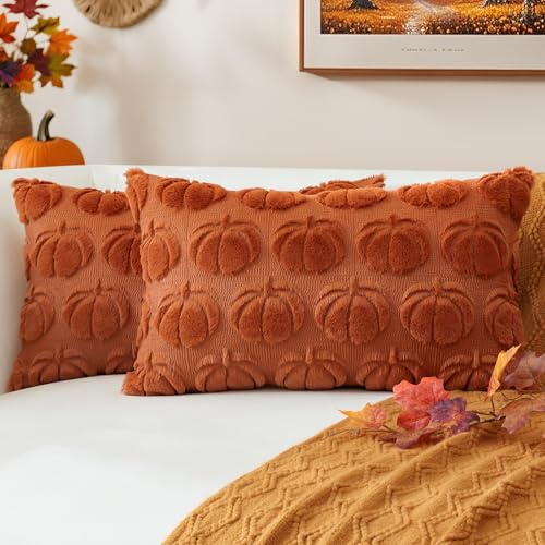 JOTOM 2er Set Kürbis Kissenbezüge, Plüsch Kurze Wolle Dekorativ Zierkissenbezüge Herbst Boho Kissenhüllen Sofakissen Moderne Kissenbezug Herbstdeko für Wohnzimmer Garten (30x50cm, Rost)