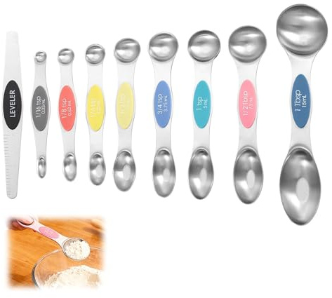 Magnetic Measuring Spoons Sets of 9, Tablespoon Measuring Spoon with Scale and Leveler Stainless Steel for Measuring Dry and Liquid Ingredients Fits Most Spice Jars for Baking & Cooking