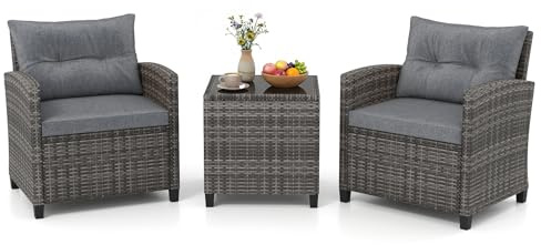 GIANTEX Rattan Gartenmöbel Set, Balkonmöbel Kleiner Balkon, Lounge Gartenmöbel Set, Balkon Möbel für 2 Personen, Gartenlounge Set 2 Sessel & Tisch, 3 tlg. Gartensitzgruppe inkl. Sitz- und Rückenkissen