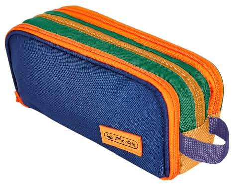 Schulmäppchen Kulturbeutel 3-Fach Herlitz Neon Navy - 3 Fächer, Klapp-Organizer Netztasche, Griff, Navy-Orange (23,5x11x7,5cm)