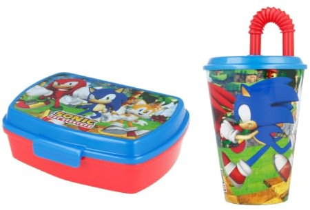 Aymax Sonic the Hedgehog Kinder Lunchset ab 3 Jahren – 2-teilig mit Brotdose 17 x 13 x 5,5 cm & Trinkbecher mit Halm 430 ml