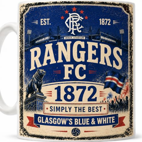 Rangers FC 1872 Vintage Style Ceramic Coffee Mug | Retro Distressed Design, White Ceramic, Football Fan Gift, Est. 1879 Artwork
