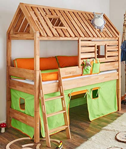 Froschkoenig24 Spielbett Tom´s Hütte 20585 Hochbett Kinderbett Stoffset Grün/Orange, Matratze:ohne