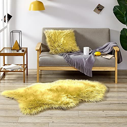 Teppich Wölkchen Schaffell Lammfell Imitat Fellteppich Kunstfell Teppich - Flauschiger Teppich, Bettvorleger, Teppich Fell, Fell für Sofa - Gelb - 80x120 cm