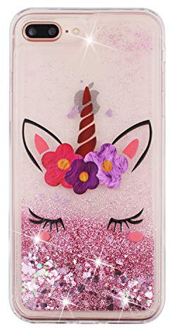 CUAgain Kompatibel für iPhone 8 Plus/iPhone 7 Plus Hülle Silikon Glitzer Flüssig 3D Transparent Wasser Hüllen Durchsichtig Bling Bumper Handyhülle Case Cover Mädchen Damen,Rosa Einhorn
