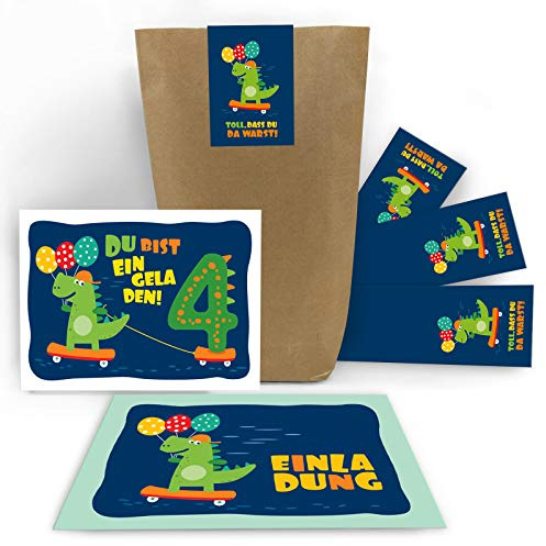 Junaversum 12 Einladungskarten 4. Geburtstag Kinder Jungen Jungs Dinosaurier Dino vierte Kindergeburtstag incl. 12 Umschläge, 12 Tüten/natur, 12 Aufkleber