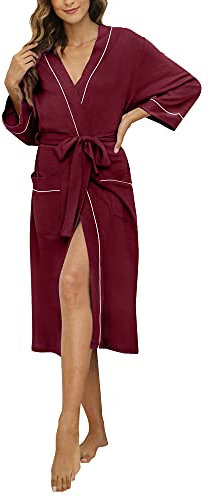 HEARTNICE Morgenmantel Damen 100% Baumwolle, Bademantel leicht Kimono Saunamantel Hausmantel lang (Weinrot, M)