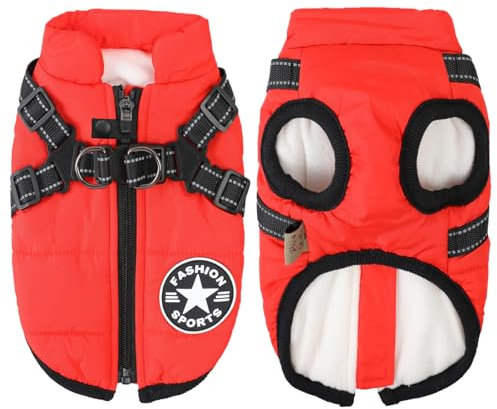 Aiboria Hundejacke Hundeweste Hundemantel Winddicht Jacken Warme Haustier Fleece Hundepullover Gepolsterte Weste mit Brustgurt Gurt Rot S