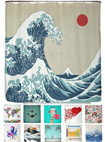 arteneur® - Tenda da doccia antimuffa, 180x200 cm, materiale riciclato Öko-Tex Standard 100, orlo zavorrato, non trasparente, impermeabile, lavabile, con 12 anelli ed e-book, motivo: onda giapponese