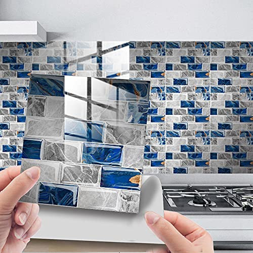 25pcs Kitchen Bathroom Wall Tile Stickers, Hiser Square Marble Mosaic Scales Style Waterproof Decals Sticker for Kitchen Living Room Bathroom Home DIY Decor Self-Adhesive (Navy?Gray,20x20cm)