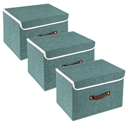 TYEERS Collapsible Storage Box with Lid, Fabric Storage Box for Clothes, Wardrobe Storage, 38x25x25 cm, Set of 3, Aqua Deep