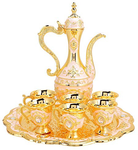 Alvinlite Vintage Türkische Kaffeekanne mit 6 Kaffeetassen und Tablett, Gold Türkische Teegläser Set Türkische Kaffeetassen Set aus Metall, Marokkanische Teegläser Kaffekannen für Home Bar Ornament