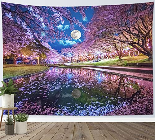 LB Rosa Kirschblüte Wandteppich Vollmond am Blauen Himmel Wandtuch Japanischer Garten Wandbehang Frühlings Landschaft Tapisserie für Wohnzimmer Schlafzimmer Wohnheim Wanddeko,235x180cm