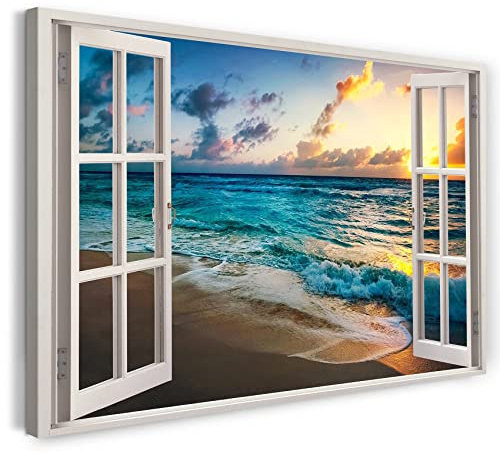 Printistico Bilder Fensterblick 60x40cm Baumwoll-Leinwand auf Keilrahmen mit Aufhänger moderner Kunstdruck XXL Wandbilder Wand-Dekoration Sonnenuntergang am Meer Strand Sand Urlaub - Natur-Fotografie