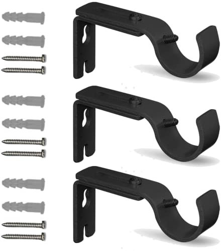 QualityDen Curtain Pole Brackets Adjustable Length of 9 - 12cm - Metal Curtain Rod Brackets Set with Screws for Poles, Wall Rod-Heavy Duty & Rust Resistant (Black - 3pcs)