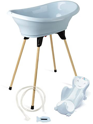 THERMOBABY – Pack de bañera para bebé VASCO 5 en 1 – Bañera, pie de madera, manguera de drenaje, tumbona de baño, termómetro – flor azul – plegable y estable – Fabricado en Francia