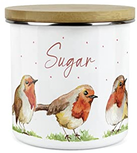 Purely Home English Robins Sugar Canister - White Metal Enamel Kitchen Food Storage Container