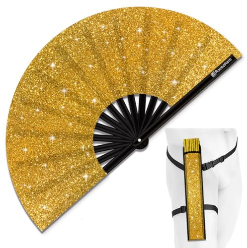 Raveahem Glitter Large Rave Folding Clack Hand Fan with Holster, Boots on the Ground Popping Handheld Fan Foldable for Men Women for EDM Festival Club Party Dance, (Golden, Large 13)