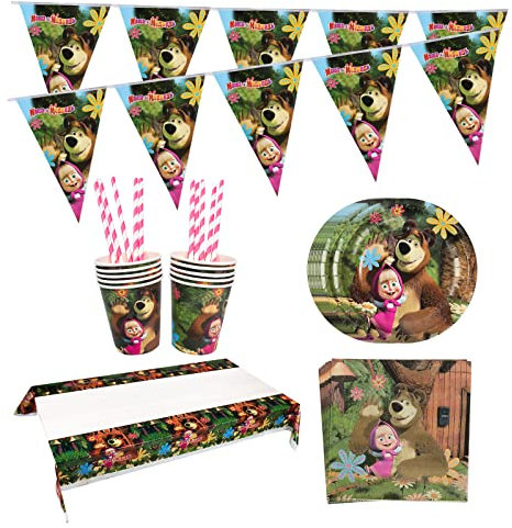 Set de Fiesta Masha y el Oso, 52 Piezas Vajilla de Fiesta Masha, Accesorios de Decoración de Fiesta de Cumpleaños con Platos de Papel, Vasos, Pajita, Servilletas, Mantel, Banderola - 10 Personas