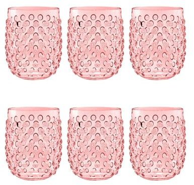 TarHong Hobnail Premium Plastic Drinkware Stemless Tumbler/Wine, 15 Ounce, Pink, Set of 6