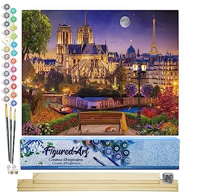 Figured'Art Malen Nach Zahlen Erwachsene Mit Rahmen Notre Dame unter den Sternen - Paint by Numbers Basteln DIY Bastelset 40x50cm Mit Keilrahmen (nicht gespannt)