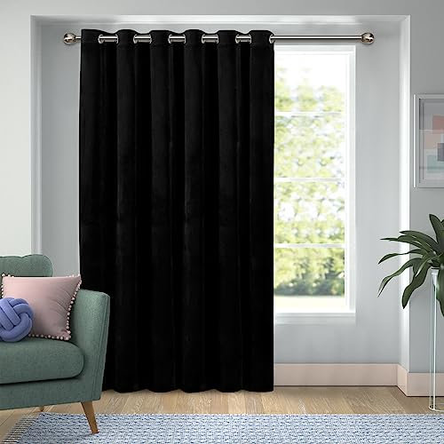Hafaa Door Curtain for Bedroom – 66x84 Black Thermal Insulated Crushed Velvet Curtains for Living Room – Single Panel Eyelet Curtain with Matching Tie Back Blackout Curtain