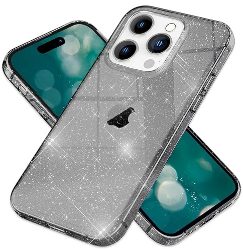 NALIA Glitzerhülle für iPhone 15 Pro Max - Hülle, Schwarz | Reflektierende Partikel im Material verschmolzen, Geschmeidige Oberfläche, Erhöhte Kanten an Kamera und Display