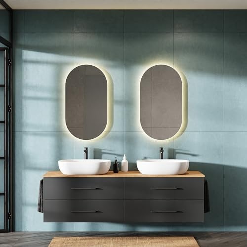 Planetmöbel LUX Badmöbel Set Waschbecken mit Unterschrank 180 cm, 2 Aufsatz-Waschbecken 60cm weiß, 2 Spiegel 50 cm (ohne LED) Waschbeckenunterschrank Gold Eiche/Anthrazit